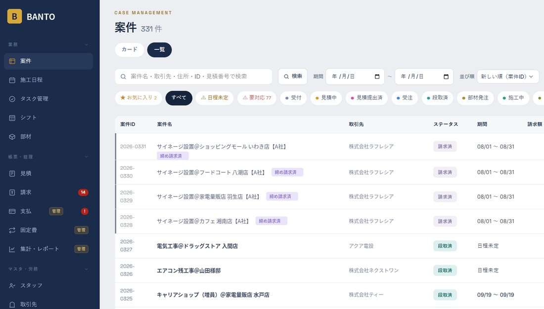 BANTOの案件一覧画面